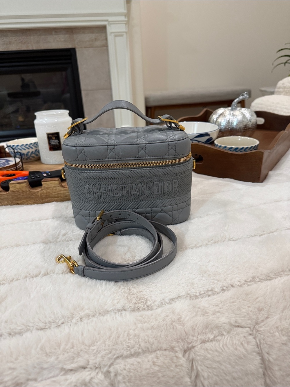 Dior Gray Quilted Vanity Bag with Gold Hardware